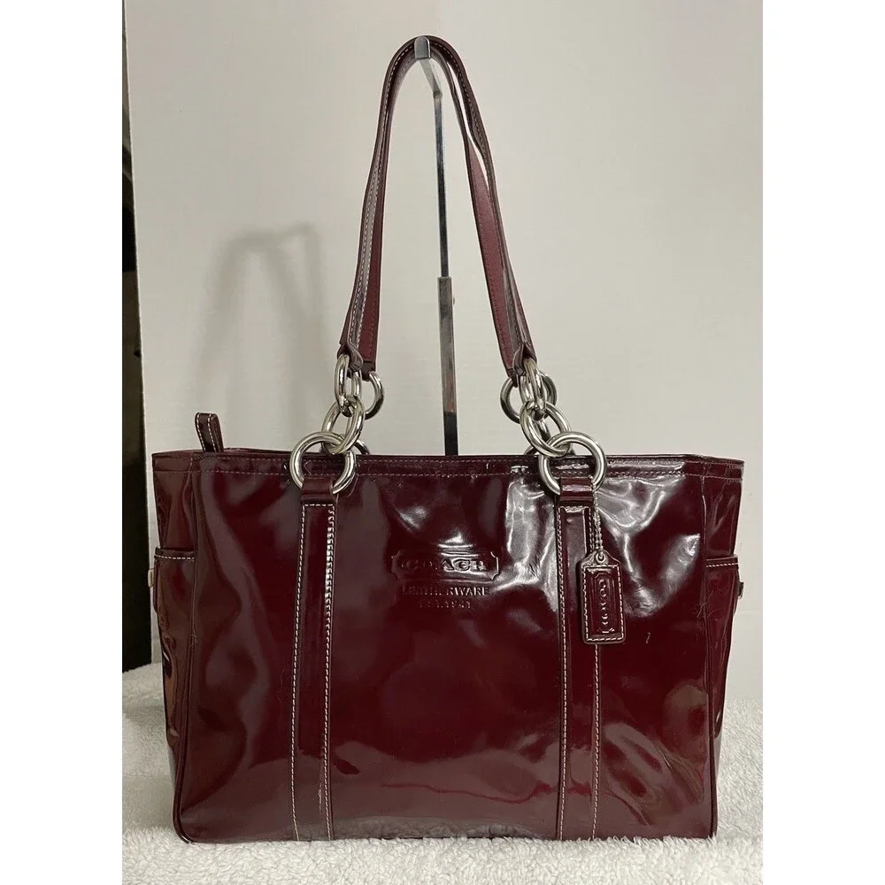 Coach Burgundy Patent Leather Tunrlock Pocket Double Handle Tote Bag READ - Picture 1 of 16